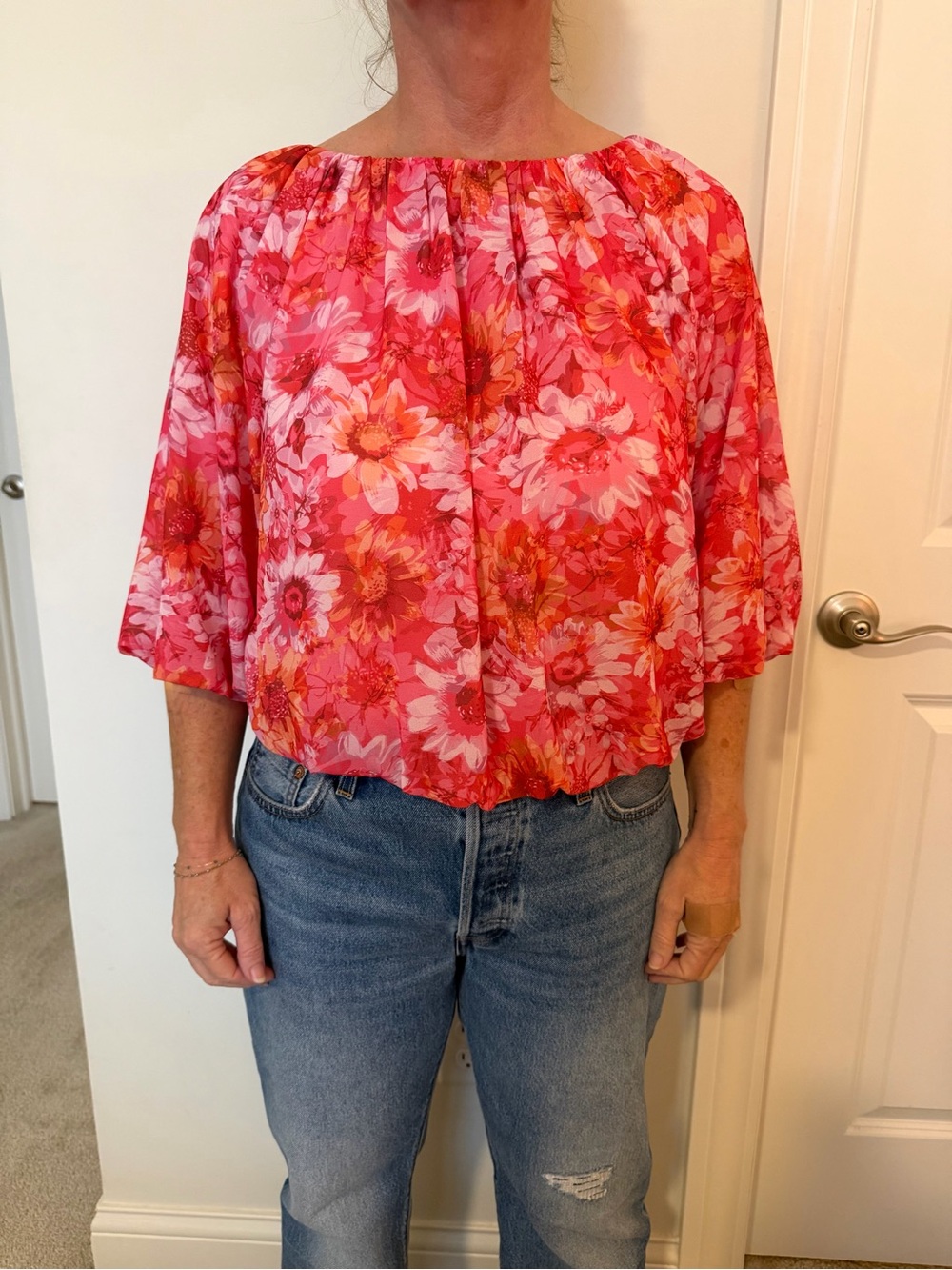 THML Pink and Coral Floral Off-Shoulder Blouse